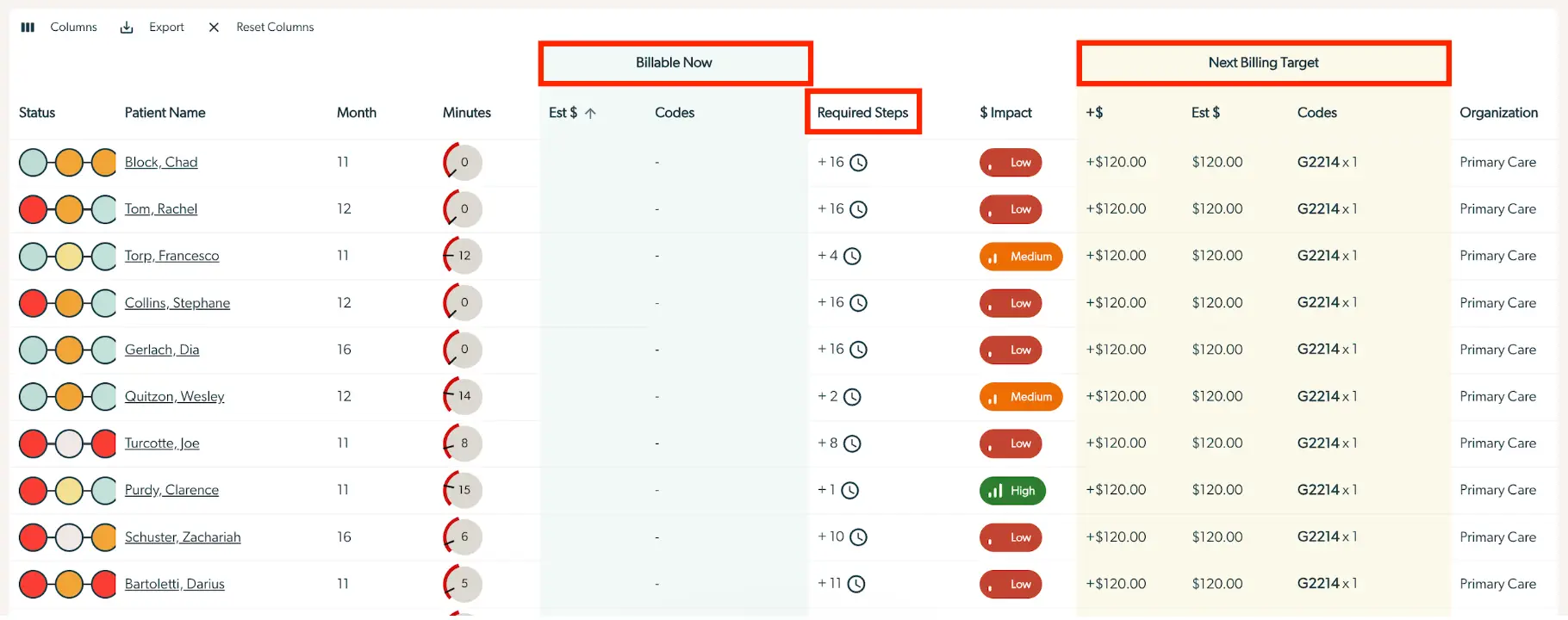 Mirah Collaborative Care Billing Insights screen showing patient billing status and targets.