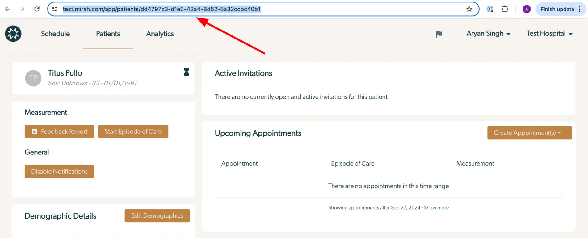 Mirah Collaborative Care patient details page for Titus Pullo showing measurement options, demographic details, and appointment scheduling.