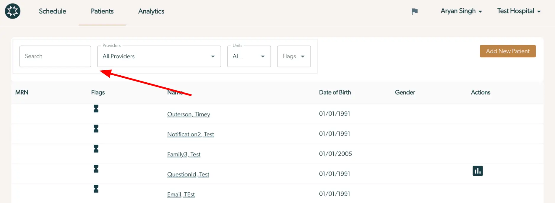 Mirah Collaborative Care Patients tab showing patient list with filters for providers, units, and flags.