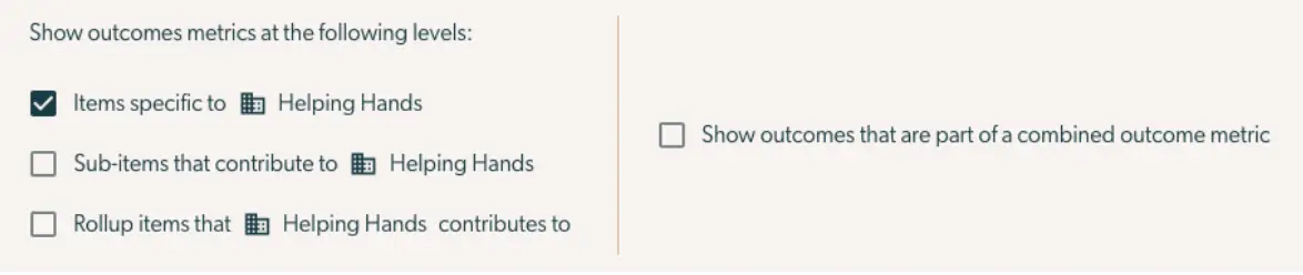 Mirah Collaborative Care Outcomes Framework Metric Dashboard showing options for displaying outcome metrics at different levels.