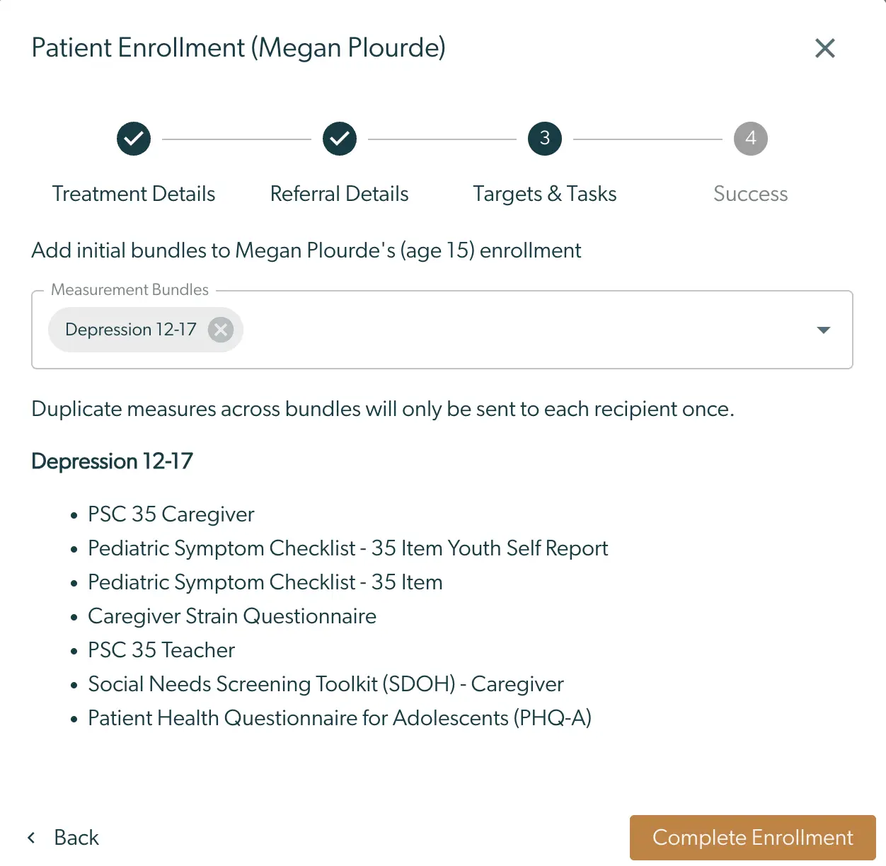 Patient Enrollment screen for Megan Plourde in Mirah Collaborative Care, step 3 of 4 in the enrollment process, showing selected measurement bundles for Depression 12-17.