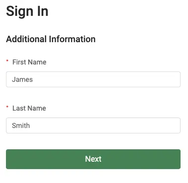 Sign In page for Mirah Collaborative Care with fields for First Name and Last Name, and a Next button.