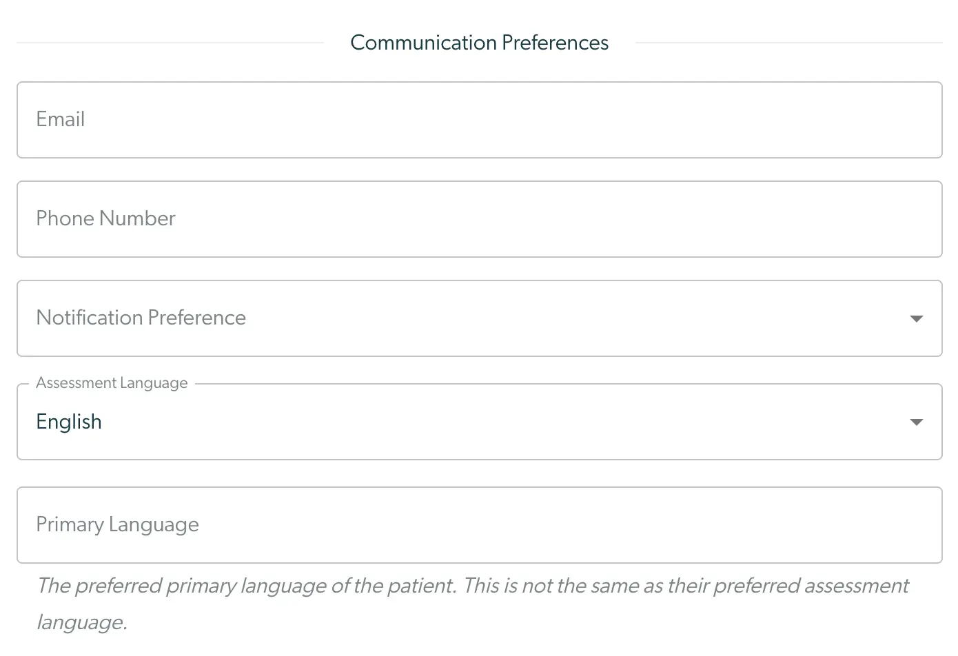 Mirah Collaborative Care - Patients - Communication Preferences section for adding a new patient