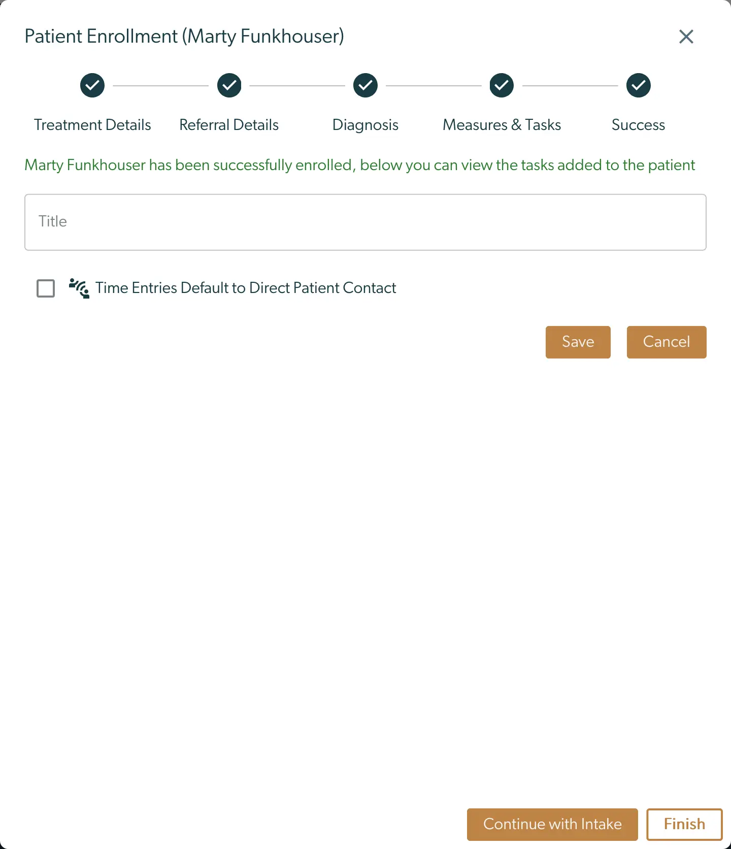 Patient Enrollment screen for Marty Funkhouser in Mirah Collaborative Care showing enrollment success and task entry options.