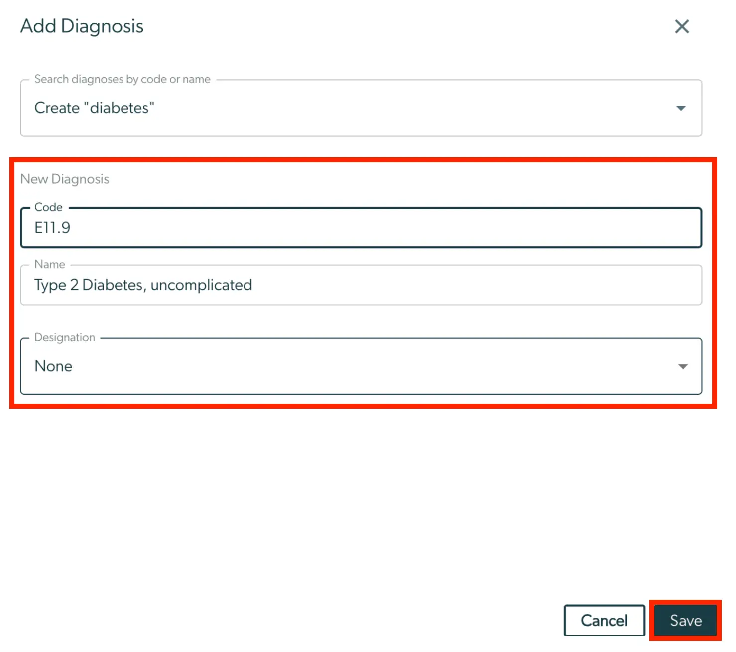 Add Diagnosis screen in Mirah Collaborative Care showing fields for code, name, and designation with save option.