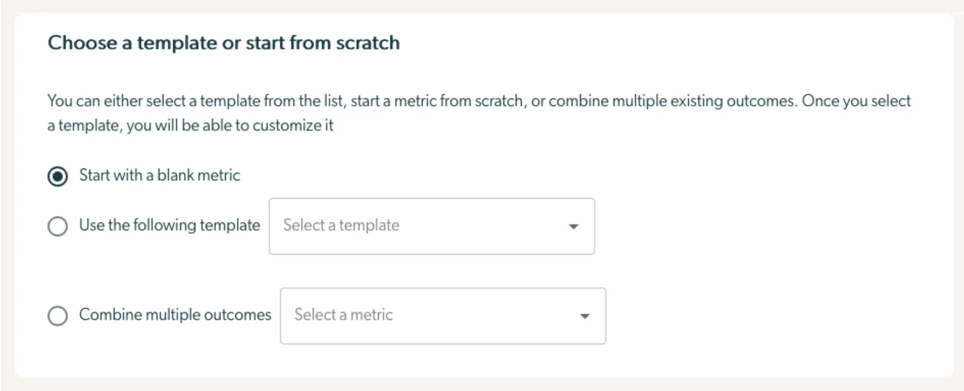 Mirah Collaborative Care Outcomes Framework - Create a Metric screen with options to start with a blank metric, use a template, or combine outcomes.