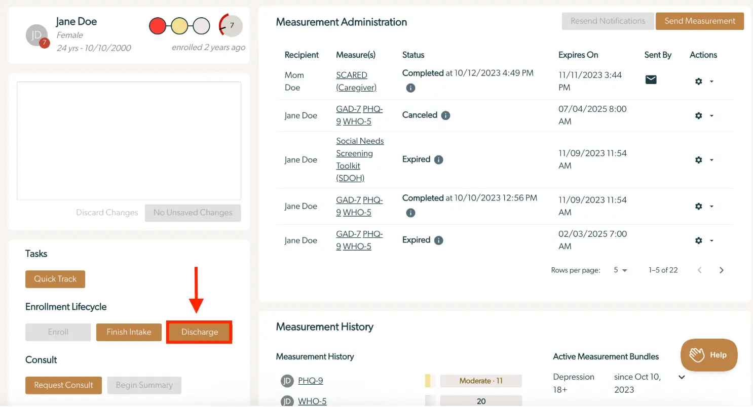 Mirah Collaborative Care - Patients - How to discharge a patient screen showing Jane Doe's profile and measurement administration details.