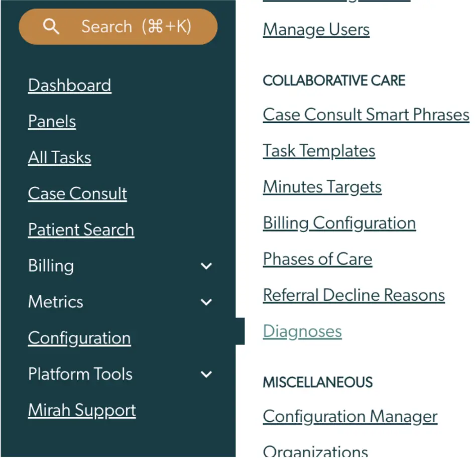 Mirah Collaborative Care navigation menu with options for Dashboard, Panels, All Tasks, and more, including Collaborative Care and Miscellaneous sections.