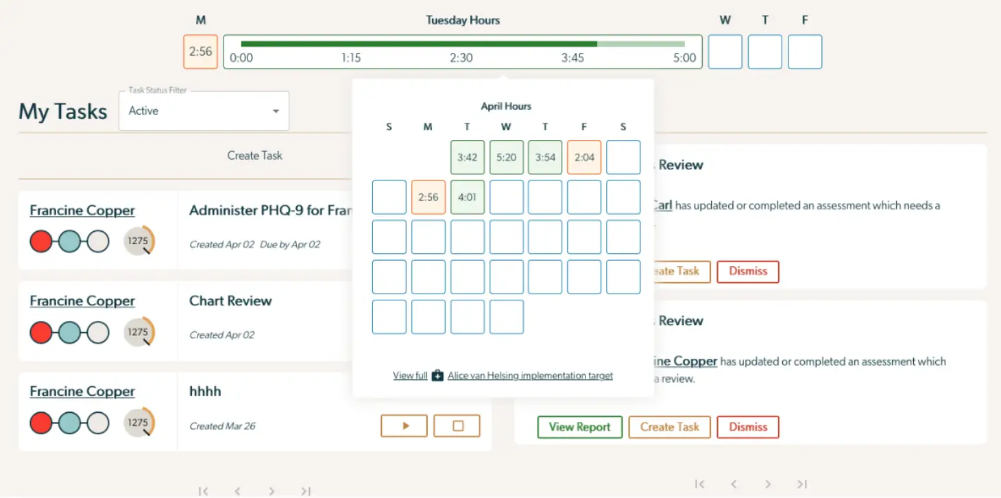 Mirah Collaborative Care Daily Progress Tracker showing task list and April calendar with hours worked.