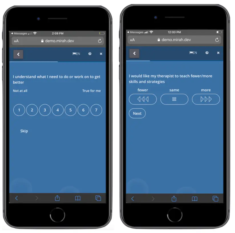 Mirah Collaborative Care patient survey screens showing understanding and therapist skills questions.