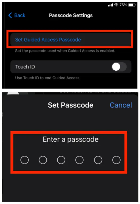 Passcode Settings screen for configuring Guided Access on Mirah tablets
