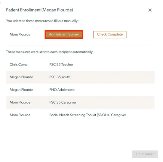 Patient Enrollment screen for Megan Plourde showing manual and automatic survey measures.