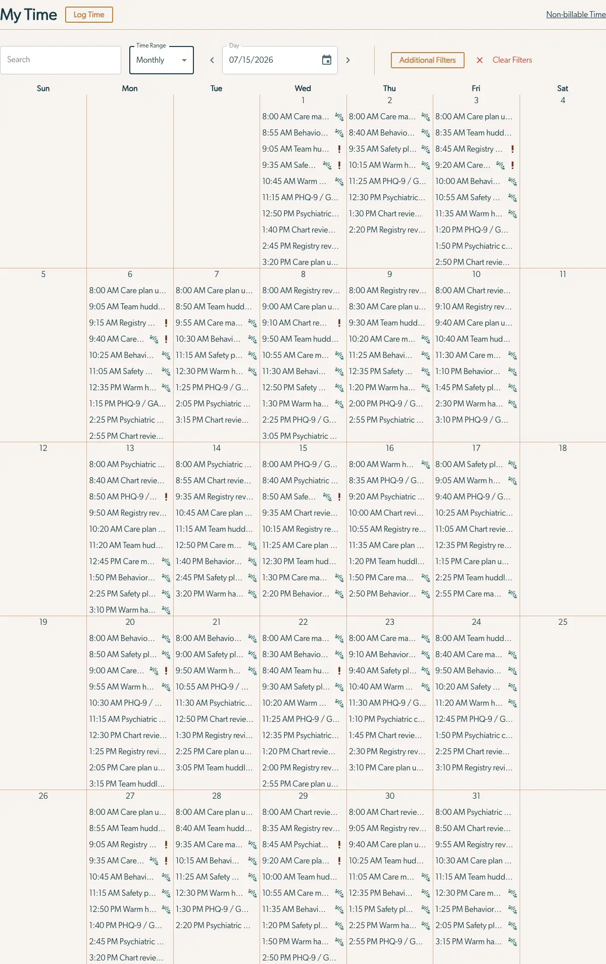 Mirah Collaborative Care My Time page showing a monthly calendar with scheduled activities.
