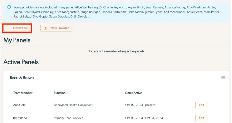 Mirah Collaborative Care Panels section showing active panels and options to create new panels or providers.