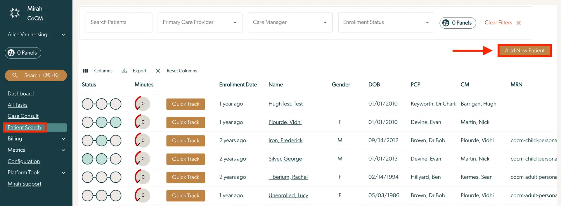 Mirah Collaborative Care Patient Search page showing patient list and Add New Patient button.