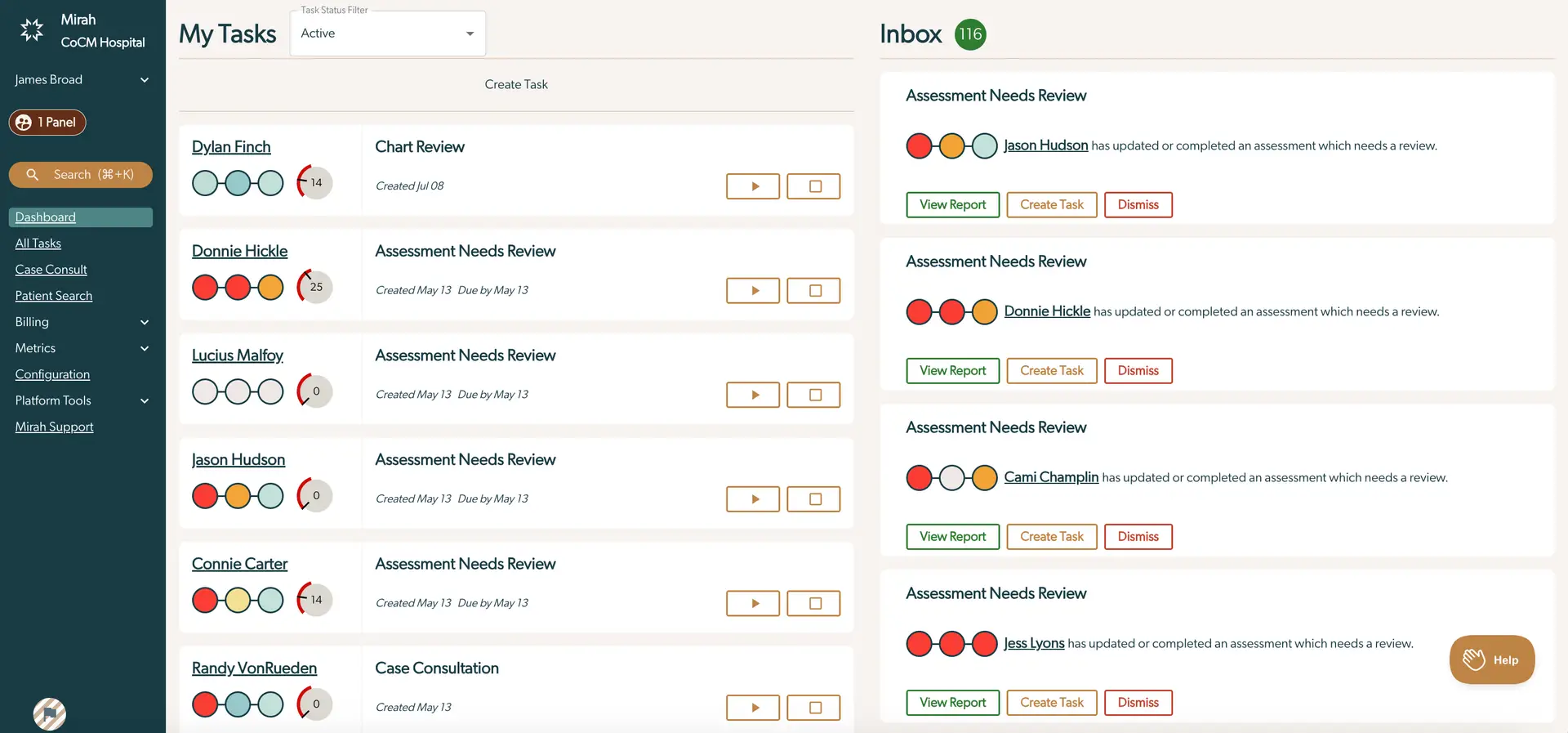 Mirah Collaborative Care Panels - My Tasks and Inbox view at CoCM Hospital