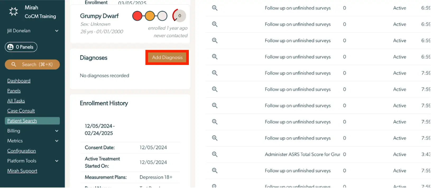 Mirah Collaborative Care interface showing Diagnosis Codes in CoCM with patient details and task list.