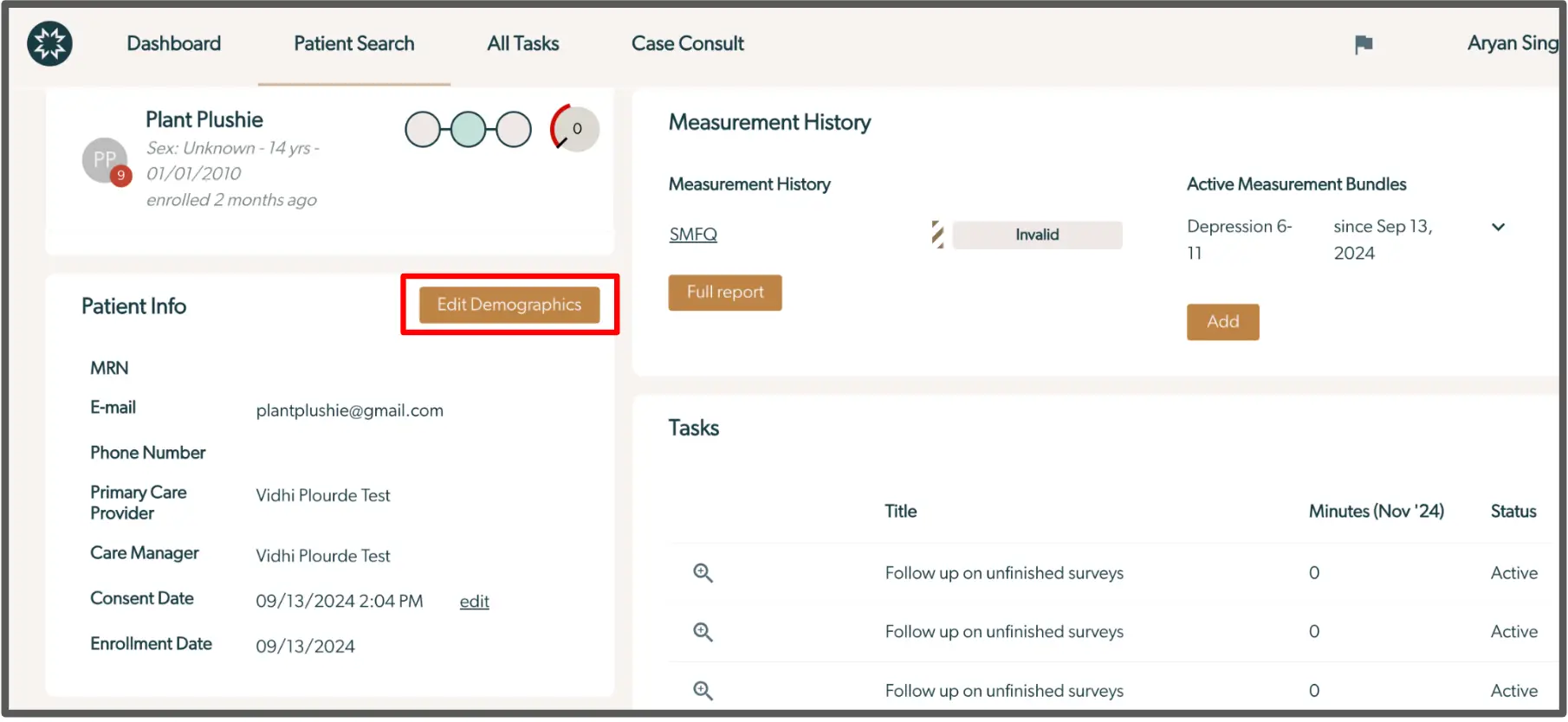 Mirah Collaborative Care patient management screen showing patient info and measurement history.