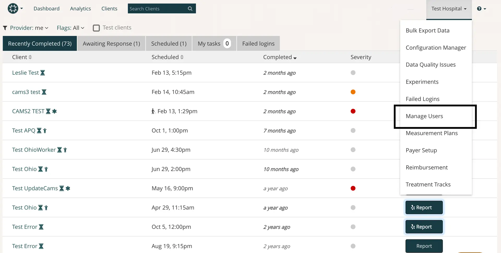 Mirah Collaborative Care user interface showing user notifications management with a focus on the 'Manage Users' option in the dropdown menu under 'Test Hospital'.