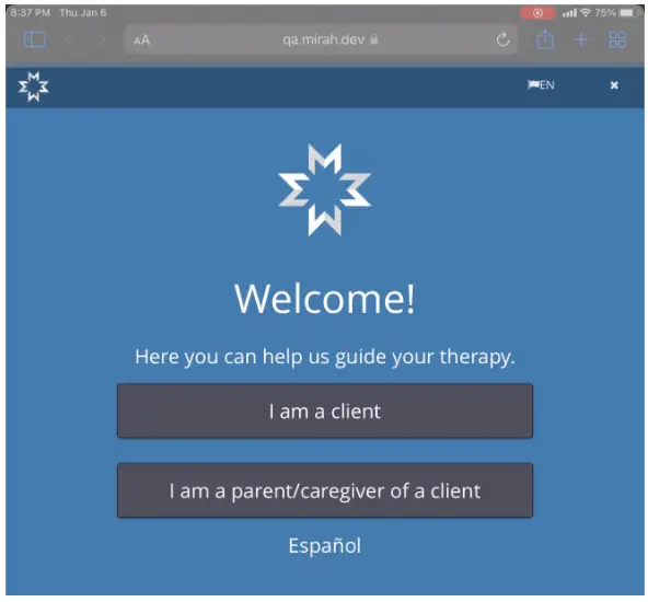 Mirah Collaborative Care welcome screen on iPad for client or caregiver role selection.