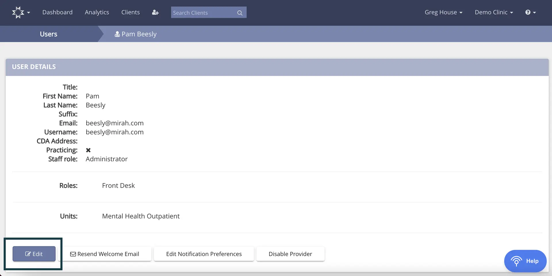 Mirah Collaborative Care user details page for Pam Beesly showing user information and management options.