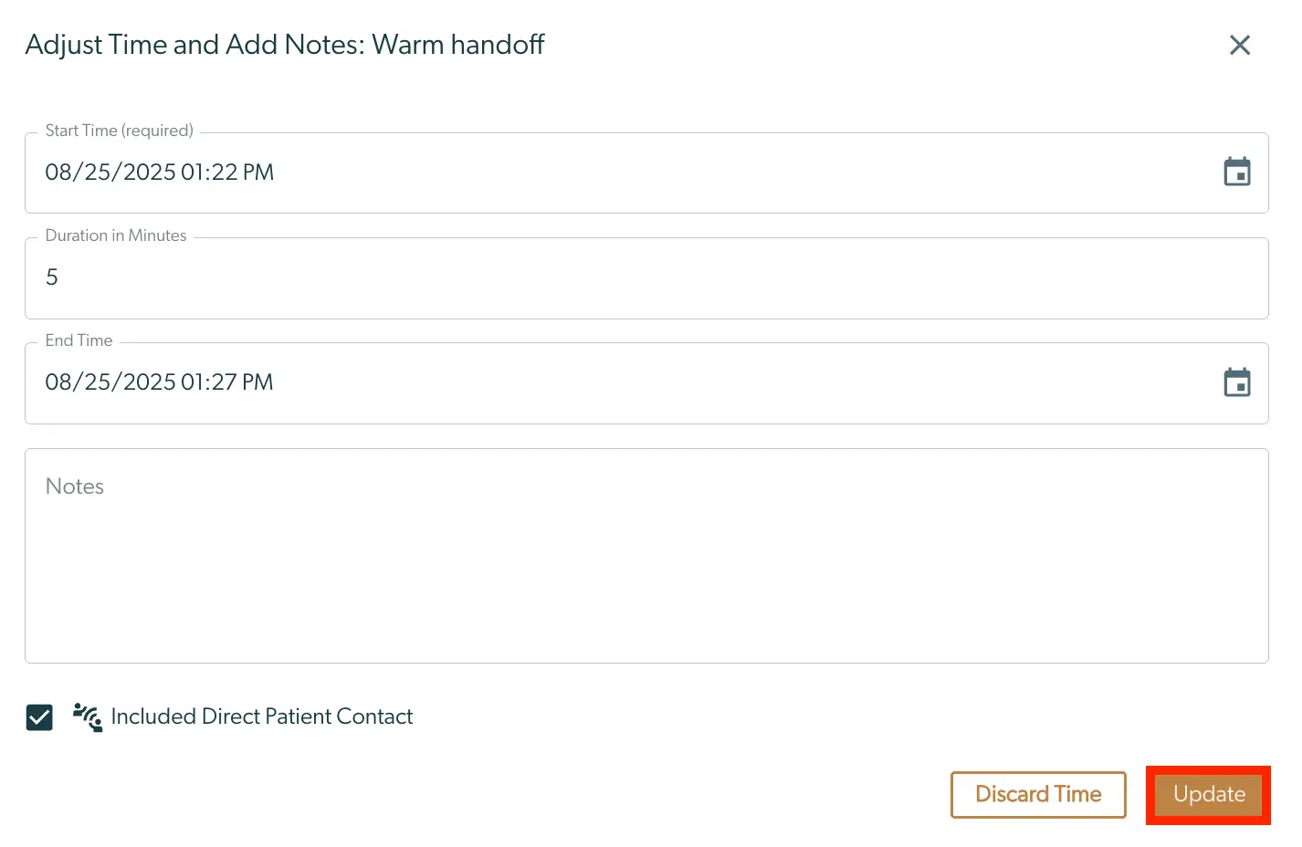Mirah Collaborative Care Adjust Time and Add Notes: Warm handoff screen