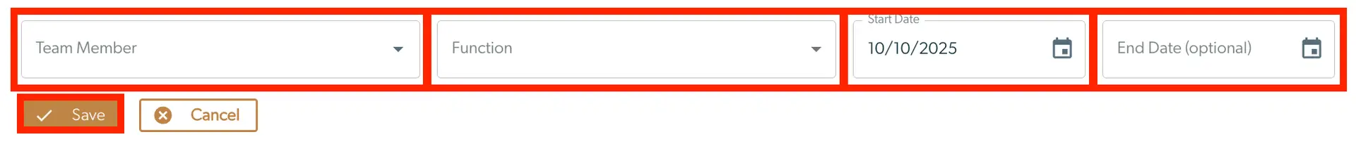 Mirah Collaborative Care user management screen for adding care managers with fields for team member, function, start date, and optional end date.