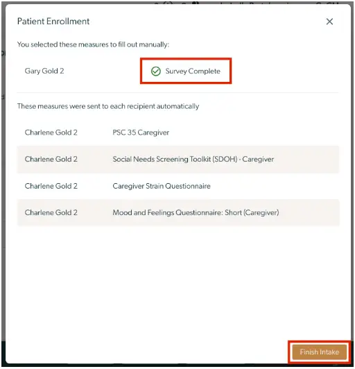 Patient Enrollment screen showing survey completion and measures sent for patient intake in Mirah Collaborative Care.