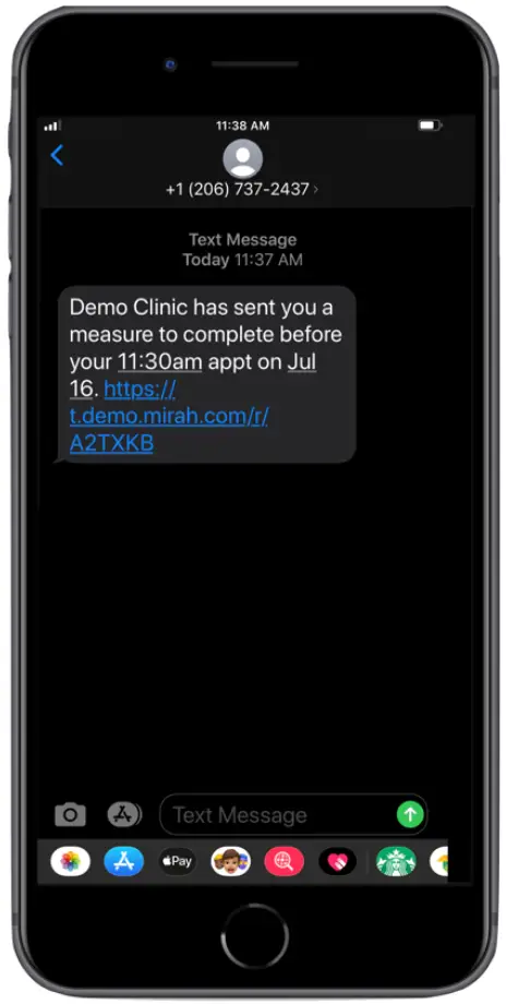 Screenshot of a text message from Demo Clinic instructing the completion of a measure before an appointment on July 16, with a hyperlink provided.