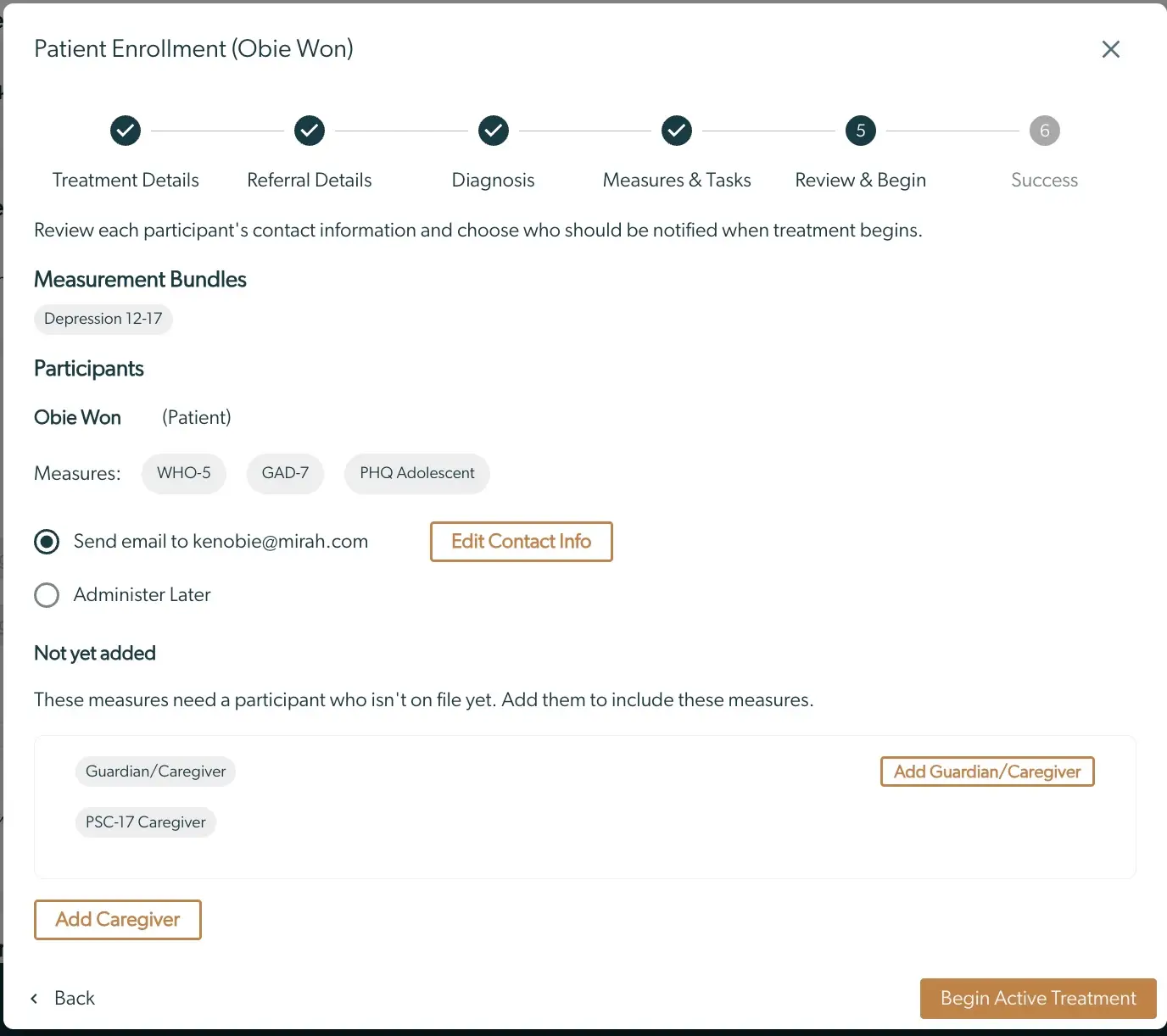 Mirah Collaborative Care Patient Enrollment screen, Review & Begin step.