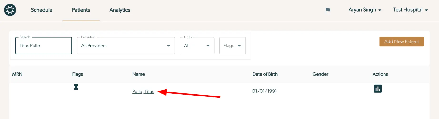 Mirah Collaborative Care Patients tab showing patient Titus Pullo