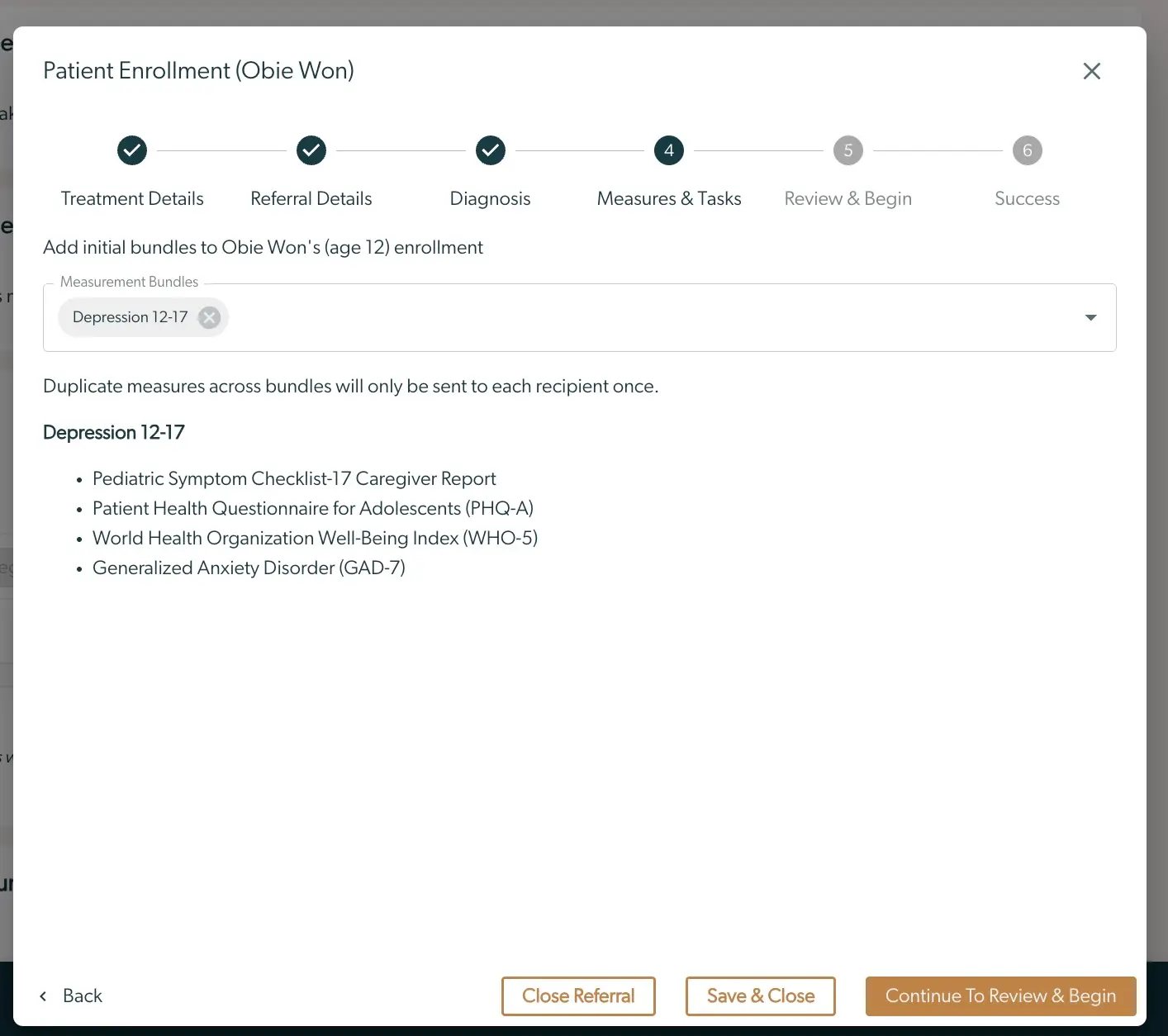 Patient Enrollment screen for Obie Won in Mirah Collaborative Care, Measures & Tasks step.