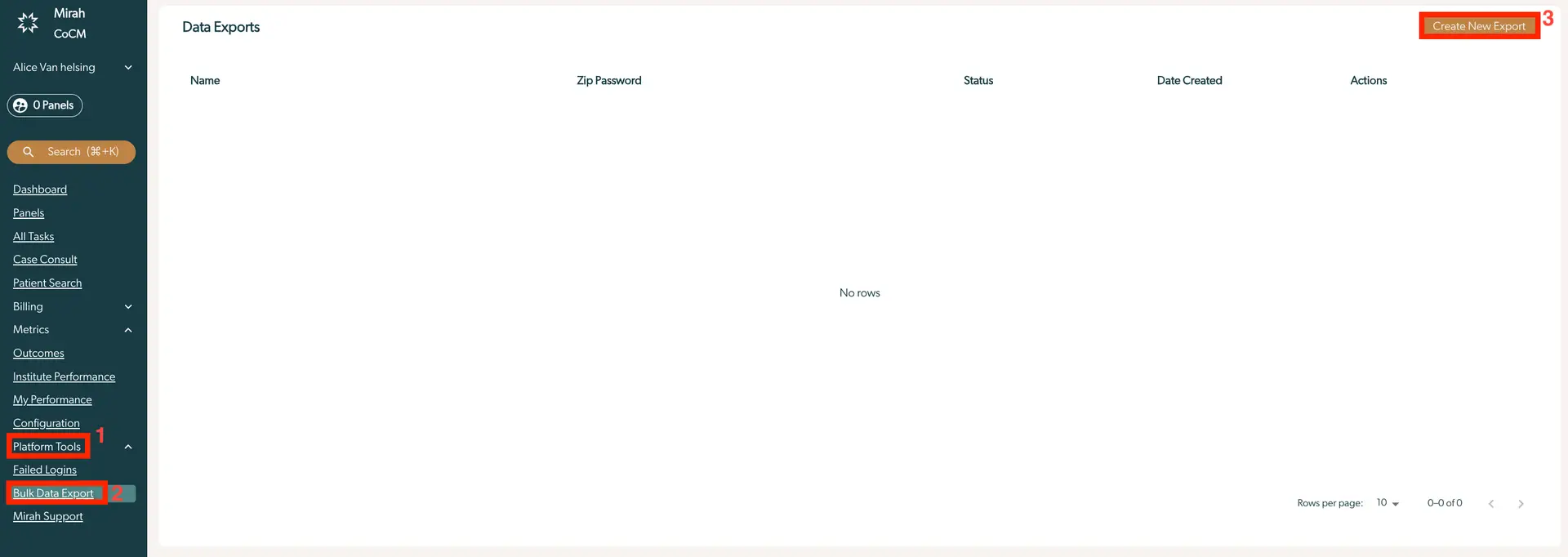 Mirah Collaborative Care - Platform Tools - Bulk Data Export page showing an empty data exports table with a 'Create New Export' button.