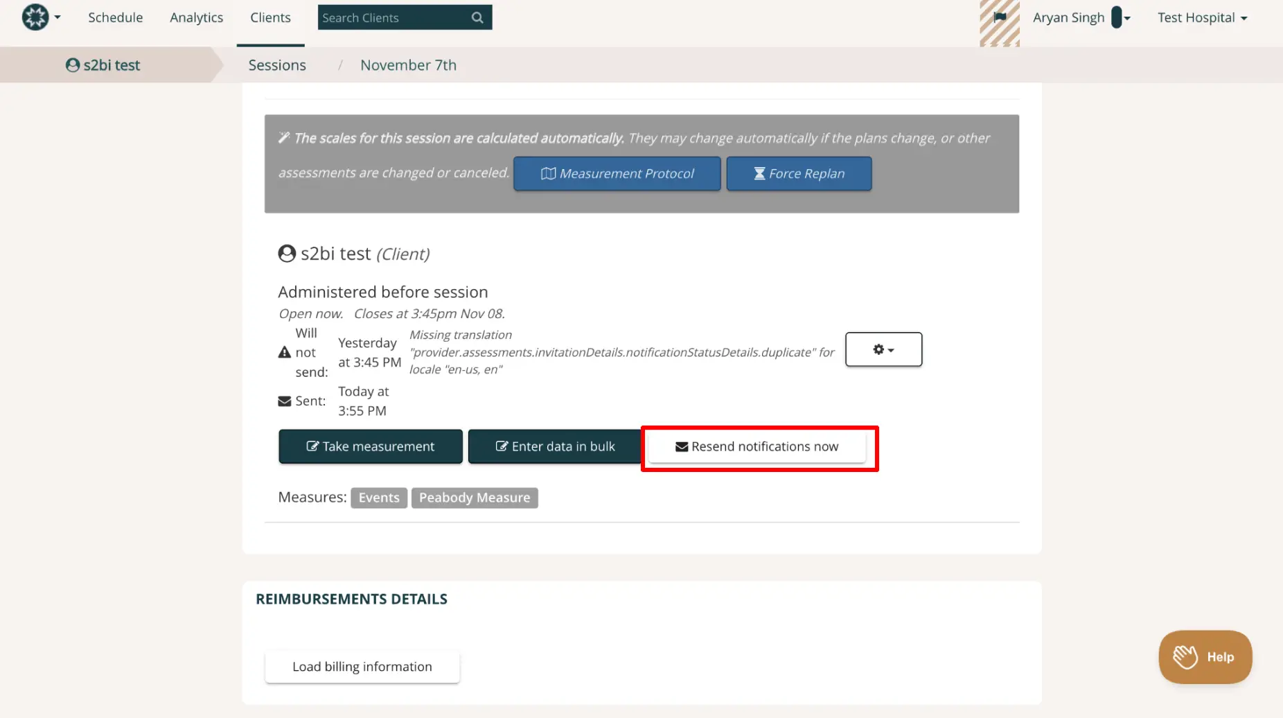 Mirah Collaborative Care session details for s2bi test client on November 7th