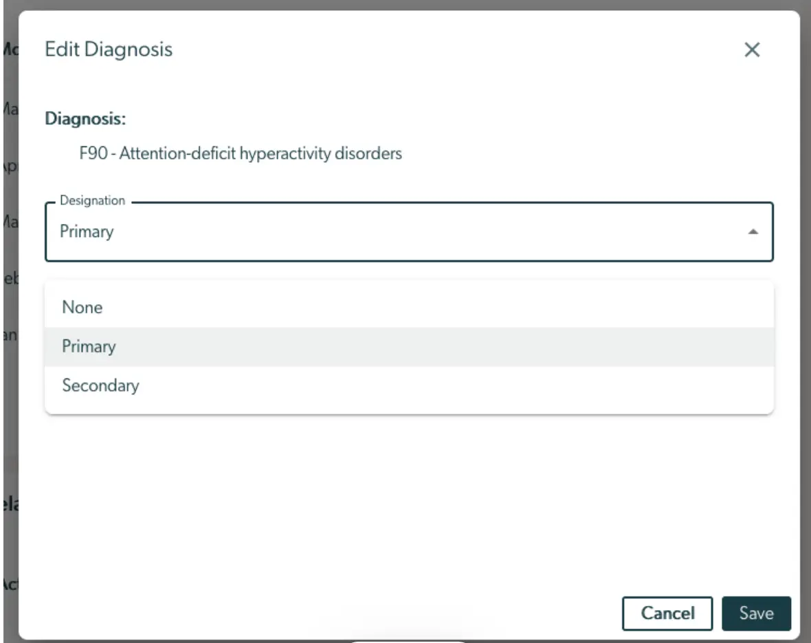 Edit Diagnosis screen in Mirah Collaborative Care showing designation options for ADHD diagnosis.