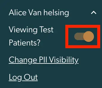 Mirah Collaborative Care - Alice Van Helsing viewing test patients toggle and options