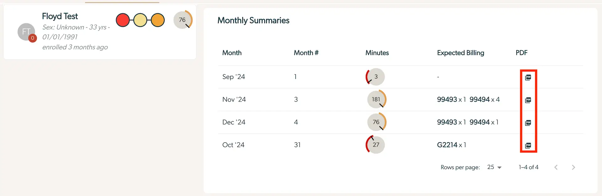 Mirah Collaborative Care Monthly Summaries for Floyd Test showing data for Sep '24 to Oct '24 with PDF download options.