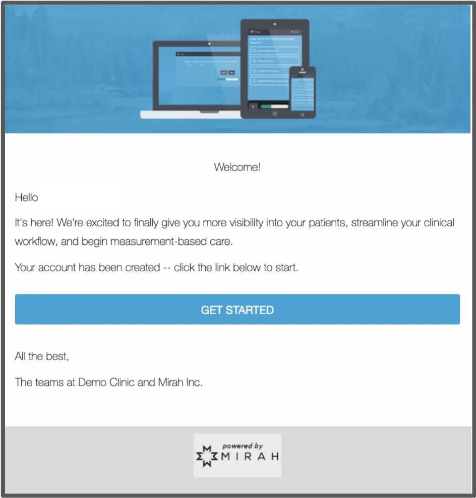 Welcome screen for new users of Mirah Collaborative Care, featuring a 'GET STARTED' button to activate the account.