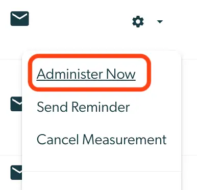 Mirah Collaborative Care Patients feature dropdown menu with options to Administer Now, Send Reminder, and Cancel Measurement.