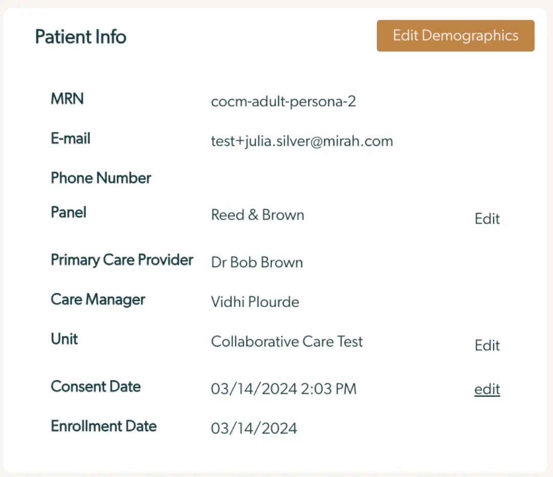 Mirah Collaborative Care Patient Info screen showing patient details and edit options