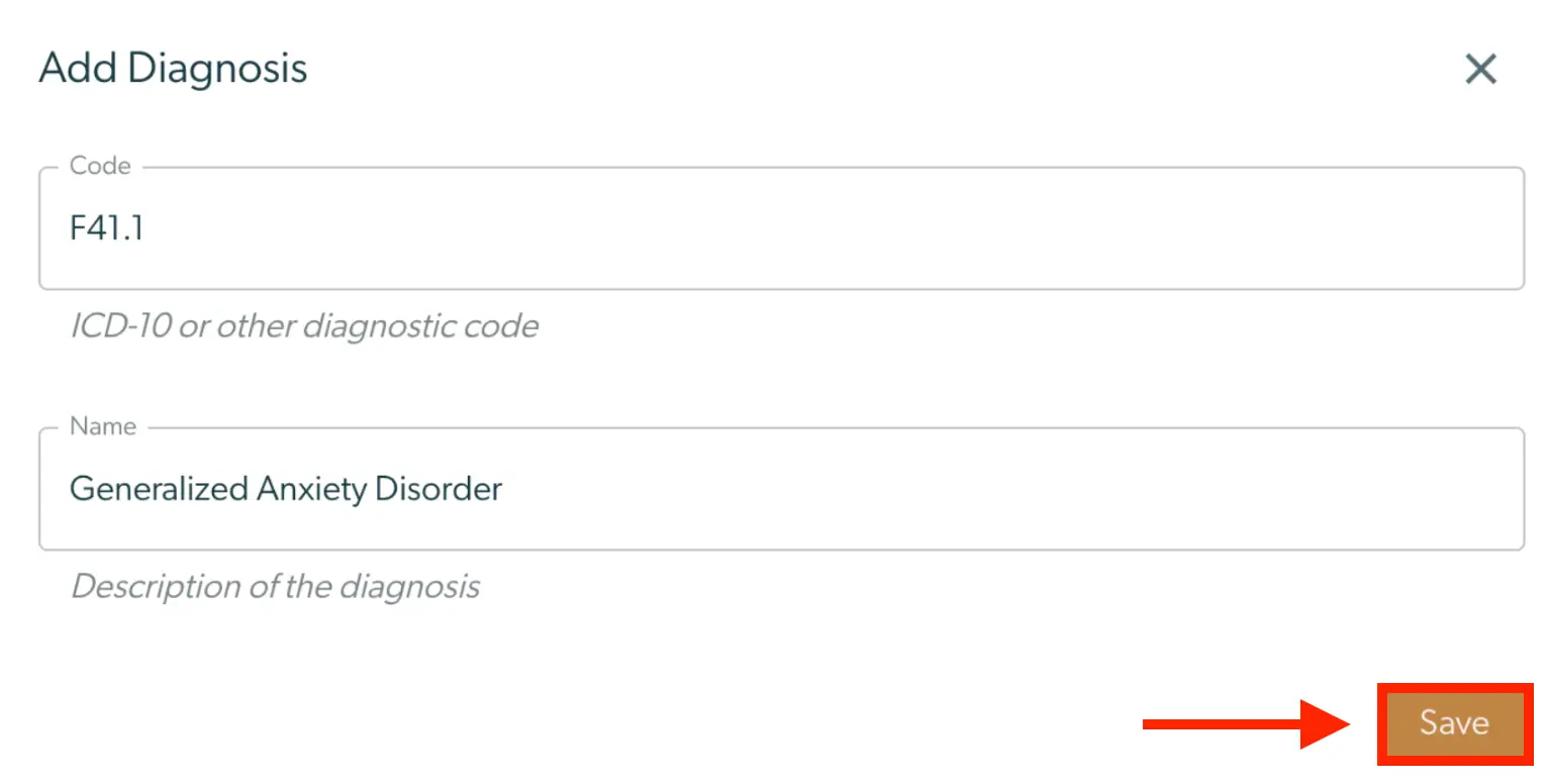 Add Diagnosis screen in Mirah Collaborative Care with fields for code and name, and a Save button.