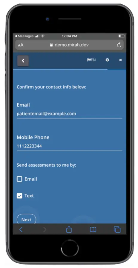 Mirah Collaborative Care - Confirm Contact Information Screen