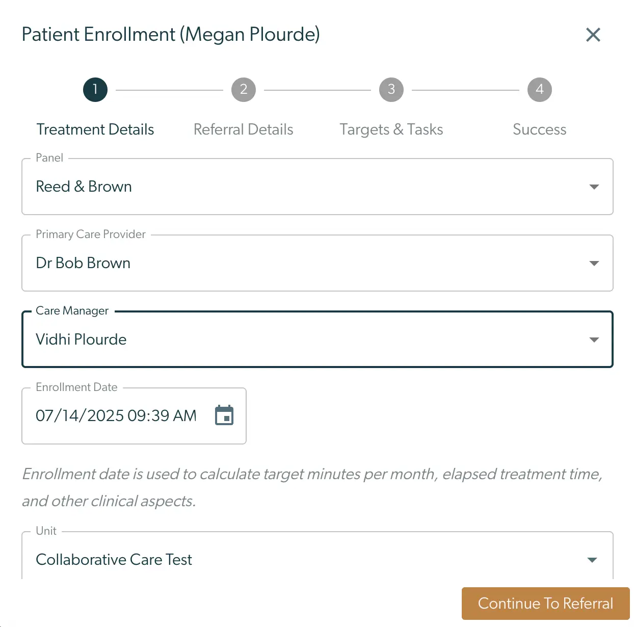 Patient Enrollment screen for Megan Plourde showing Treatment Details in Mirah Collaborative Care.