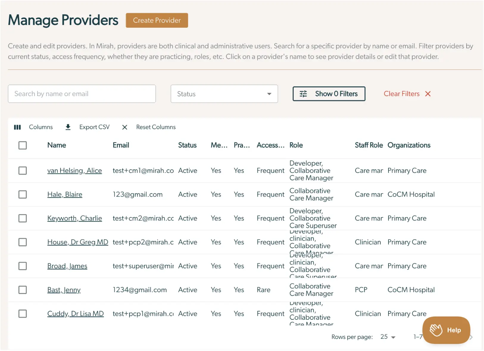 Manage Providers page in Mirah Collaborative Care showing a list of providers with options to create, search, and filter providers.