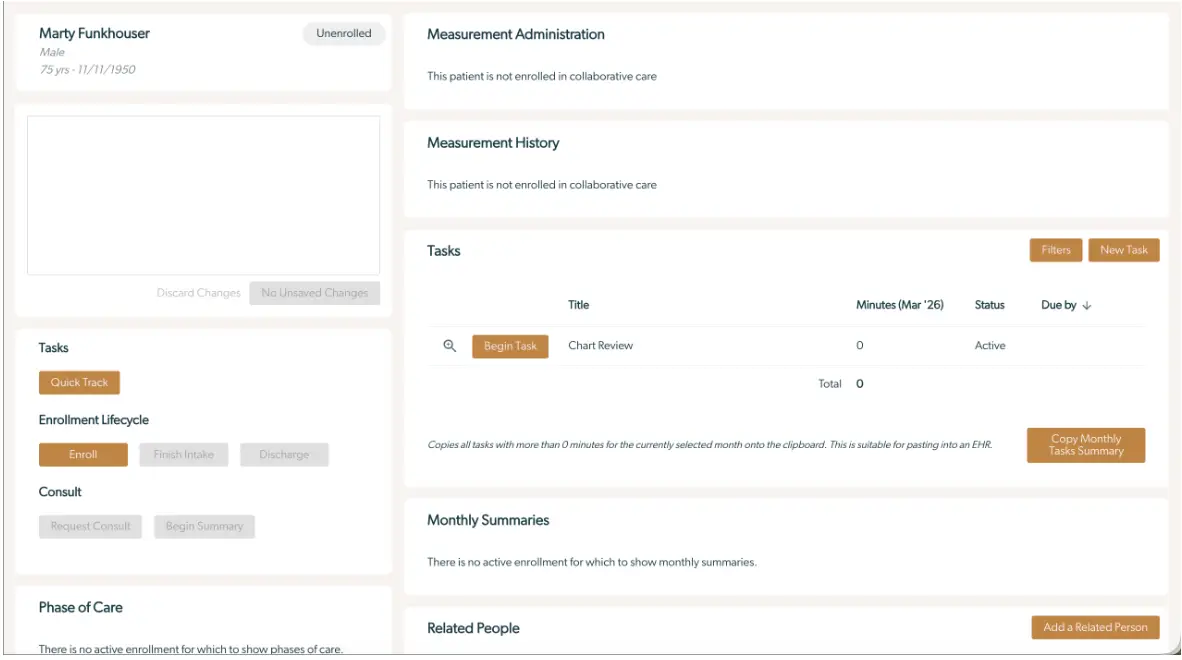 Mirah Collaborative Care patient enrollment and intake interface showing patient details, tasks, and enrollment options.