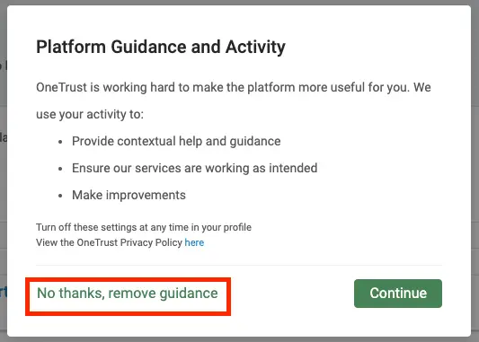 Platform Guidance and Activity dialog box with options to remove guidance or continue.