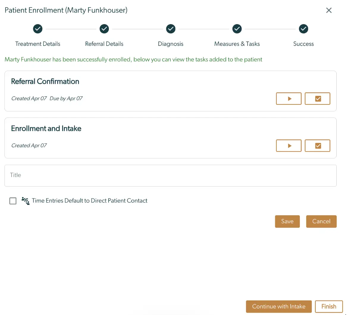 Patient Enrollment screen for Marty Funkhouser in Mirah Collaborative Care showing completed enrollment steps and task management options.