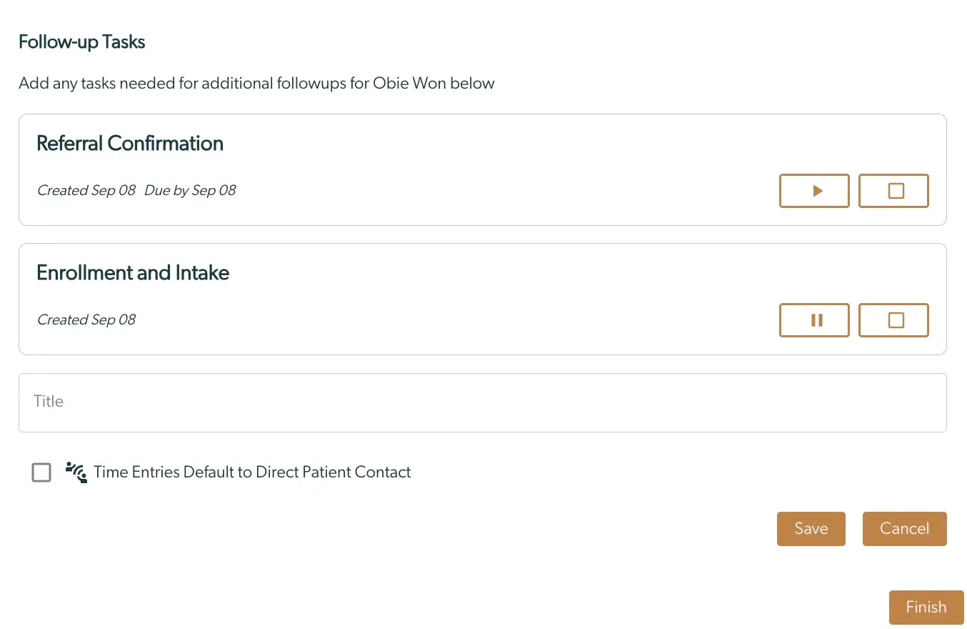 Mirah Collaborative Care Follow-up Tasks screen for patient enrollment and intake.