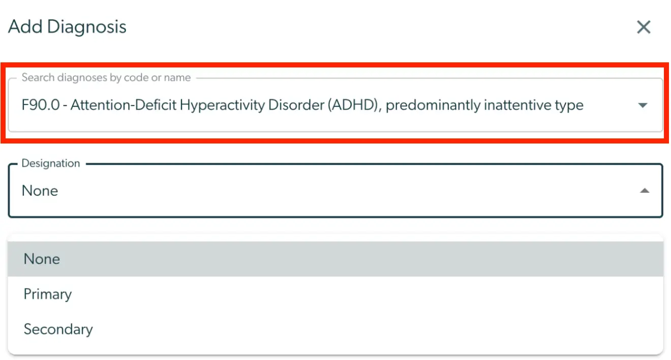 Add Diagnosis screen in Mirah Collaborative Care showing ADHD diagnosis code and designation options.