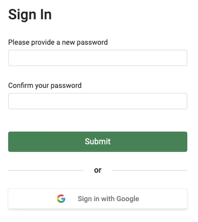 Mirah Collaborative Care Sign In screen for setting a new password with options to submit or sign in with Google.